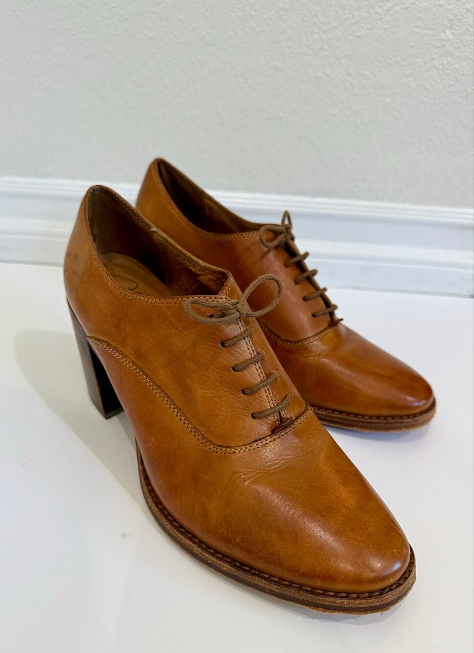 Patricia Nash Anna Oxford Heels Cognac Italian Leather Lace Up Block Heel 9